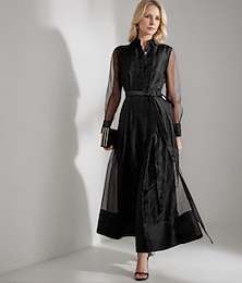 levne -A-line košilové šaty pro matku nevěsty Elegantní jednoduché minimalistický límeček délka po podlahu organza dlouhý rukáv s šňůrou  stuhou