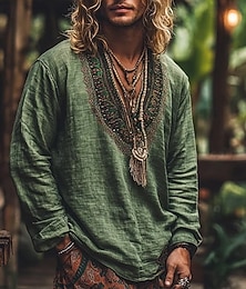 billiga -Herr Skjorta Linneskjorta Viking stil Popover skjorta Sommarskjorta Standkläder Geometrisk Semester Gata Gul Purpur Grön Långärmad V-hals Sommar Vår Kläder