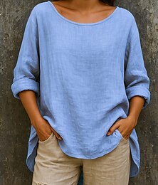 economico -Per donna Camicie di cotone e lino Tinta unica Essenziale Casual Manica Lunga Girocollo Top Regolari Quotidiano Arricciato Rosa Azzurro cielo Verde Cachi Autunno