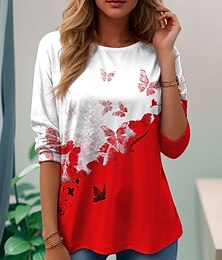 お買い得  -女性用 Tシャツ グラフィック バタフライ 植物 ヴィンテージ スタイリッシュ クラシック 長袖 クルーネック レギュラートップス 日常 週末 プリント ブラック ルビーレッド パープル ブラウン グリーン 夏 春