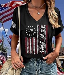 Недорогие -Женская патриотическая футболка графика американского флага винтажная стильная классическая с коротким рукавом V-образным вырезом регулярная повседневная печать черная темно-синяя темно-серая лето