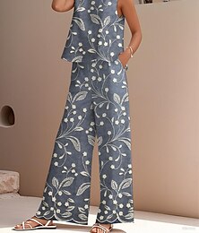 abordables -Ensemble deux pièces élégant pour femme, streetwear, chemisier, gilet, pantalon, sans manches, col ras du cou, extérieur, travail, décontracté, imprimé floral, vacances, quotidien, bleu, violet, gris, été, coupe régulière