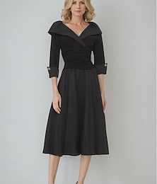 levne -A-Linie Fixační  Sloupec Šaty pro matku nevěsty Elegantní Jednoduchý Minimalistický V Výstřih Portrétový Límec Délka čaje Tafeta Stretch Šifon 3/4 Rukáv s Knoflíky Ruchingem