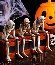 お買い得  -ハロウィーンの樹脂製スケルトンフィギュア、見ざる、聞かざる、言わざるの頭蓋骨、三賢者のスケルトン像、不気味な幽霊祭りの装飾、ホラースケルトンクラフト装飾