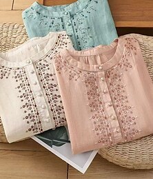 economico -Per donna Camicie di cotone e lino Tinta unica Essenziale Casual Manica 3/4 Girocollo Top Regolari Quotidiano Ricamato Bottoni Rosa Blu Albicocca Estate