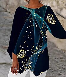 economico -Per donna Blusa Farfalla Quotidiano Elegante Manica Lunga Girocollo Top Regolari Quotidiano Ferie Stampato Orlo asimmetrico Blu marino Estate Primavera