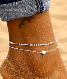 abordables -Tobillera de doble capa con colgante de corazón dorado para mujer: delicada joya playera para el pie con diseño de cadena de cuentas para salidas de verano y vacaciones.