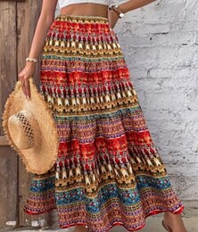 abordables -Femmes Jupe Trapèze Bohème ancien Occasionnel Maxi Taille haute Jupes Fleuri Imprimé Micro-Élastique Vacances Rue Jaune Rouge Été Polyester
