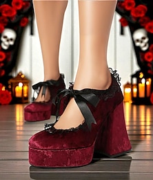 abordables -Tacones de plataforma de terciopelo gótico victoriano del siglo XIX para mujer: zapatos Mary Jane burdeos con tacón grueso y ribete de encaje y cinta para Halloween, cosplay y moda Lolita.