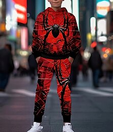 billiga -Pojkar 3D SPIDER Huvtröja & träningsbyxor Set Sportdräkt Träningsoveraller Långärmad Vår Höst Dagligen Grundläggande Ledigt Barn 4-12 år Huva Utomhus Semester Sport Skräddarsydd passform