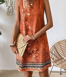 preiswerte -Damen Minikleid Sommerkleid Trägerloses Kleid Lässig Täglich Normale Passform Blumen Ärmellos V Ausschnitt Orange Sommer