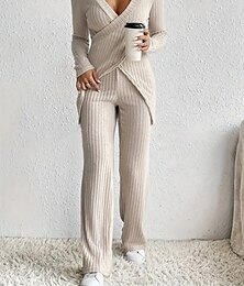 economico -Per donna Moda Streetwear Quotidiano Set di Pantaloni Manica Lunga Scollo a V Tinta unica Casuale Quotidiano Nero Beige Azzurro Estate Vestibilità regolare