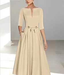 ieftine -Rochii de Cocktail A-Line Elegantă Invitată la Nuntă Lungime Glezna Mâneci Scurte Gât Iluzie cu Buzunar Satin cu Fundițe