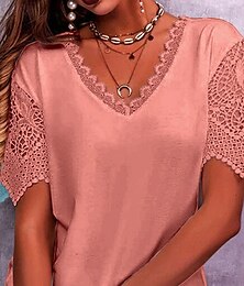 preiswerte -Damen T Shirt Einfach Mode Modern Lässig Kurzarm V Ausschnitt Normale Oberteile Täglich Ausgehen Wochenende Spitze Patchwork Lochmuster Weiß Rosa Purpur Leicht Blau Sommer Frühling