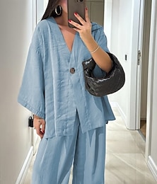 economico -Per donna Quotidiano Essenziale Set di Pantaloni Manica Lunga Scollo a V Semplice Casuale Quotidiano Nero Blu marino Fucsia Estate Oversize