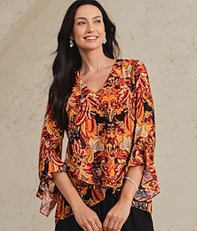 economico -Per donna Camicia Boho Blusa Paisley Vintage Elegante Casual Manica Lunga Scollo a V Top Regolari Ospite di nozze Lavoro Quotidiano Volant Marrone Estate Primavera Autunno
