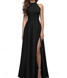 economico -Abiti per Ospiti di Matrimonio Abito Elegante Ospite di Matrimonio Fidanzamento Lunghezza Completa Senza Maniche Collo Tondo Crepe Stretch con Plissè Fessura