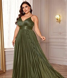 billige -A-Line Plus Size Kjoler Elegant Kurve Kjole Formell Bryllup Gulvlengde Uten Ermer V Utringning Satin Ryggløs med Folder