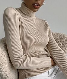 billiga -Dam Tröja Elegant Ledigt Mjukt Ren färg Ribbad Polokrage Stickat Långärmad Vanliga toppar Sticka Utomhus Dagligen Helgen Svart Vit Höst Vinter