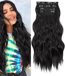 abordables -Extensions de cheveux à clipser, 4 pièces, cheveux longs ondulés, synthétiques, noir foncé, brun, double trame, cheveux épais et naturels, 24 pouces, pour femmes