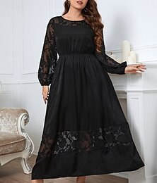 cheap -Women's Plus Size Black Dress Solid Color V Neck Long Sleeve Spring Fall Elegant Midi Dress Outdoor Vacation Dress