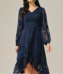 abordables -Femmes Mini Robe Robe Vintage Robe Décontractée ancien Occasionnel Formel Formel Noël Soirée Coupe régulière manche longue Col en V Bleu Automne Hiver