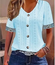 economico -Per donna Camicia di Pizzo Tinta unica Elegante Casual Spiaggia Manica Corta Scollo a V Top Regolari Quotidiano Pizzo Patchwork Bottoni Bianco Azzurro cielo Estate