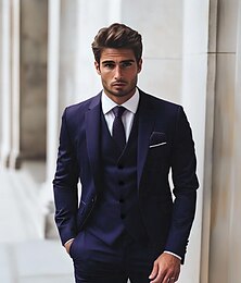 abordables -Trajes de boda de negocios para hombres Trajes de regreso a casa Uva Azul marino Moda Formal Sólido Ajuste estándar 3 piezas de un solo botón