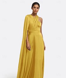 preiswerte -A-Linie Abendkleid Elegantes Kleid Formelle Hochzeit Bodenlänge Ärmellos Eine Schulter Capes Stretch-Satin mit Rüschen