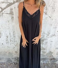 abordables -Mujer vestido largo vestido largo Vestido de verano Vestido lencero Clásico Moderno Vacaciones Diario Noche Ajuste regular Plano Sin Mangas Correa de espagueti Negro Azul Piscina Caqui Verano