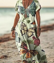 ieftine -Pentru femei Rochii Midi Rochie florala Rochie imprimata Clasic Modern Vacanță Concediu Sfârșit de săptămână Fit regulat Floare Manșon scurt În V Galben Trifoi Kaki Caisă Vară