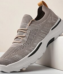 abordables -Baskets de course Flyknit beiges pour hommes, chaussures de sport à enfiler avec semelle coussinée, parfaites pour le fitness en plein air, les exercices légers et le confort tout au long de la journée