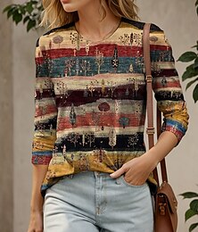 baratos -Mulheres Camiseta Gráfico Geométrica Listrado Elegante Vintage Moda Manga Longa Gola Redonda Decote Redondo Tops regulares Diário Para Noite Final de semana Imprimir Amarelo Vermelho Azul Roxo Verde