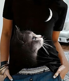 abordables -Mujer Camiseta Graphic Animal Gato Vintage Elegante Clásico Manga Corta Cuello Barco Escote Redondo Tops regulares Diario Fin de semana Estampado Negro Blanco Azul Piscina Dorado Verde Trébol Verano