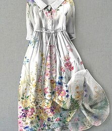 abordables -Femmes Robe Midi Robe fourreau Occasionnel Quotidien Coupe régulière Fleuri Graphique Demi Manches Col de chemise Blanche Bleu Kaki Été Printemps