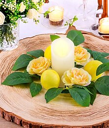 abordables -Décoration de bague de bougie florale au citron, couronne de bougies en fausses fleurs avec verdure et brindilles, centre de table de vacances pour la décoration de fête printemps-été