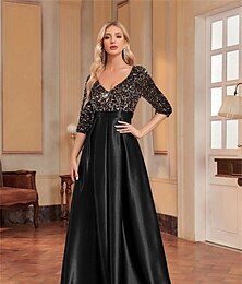economico -Abiti A-Line Quinceanera vestito elegante formale matrimonio lunghezza a terra manica lunga scollatura a V poliestere con paillettes