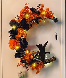 abordables -Couronne de lune incurvée d'Halloween avec chat noir, cintre de porte en croissant de lune orange et noir, couronne de porte d'entrée pour décoration de porche de cour extérieure d'Halloween