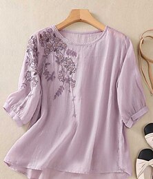 economico -Per donna Camicie di cotone e lino Tinta unica Essenziale Casual Manica 3/4 Girocollo Top Regolari Quotidiano Ricamato Giallo Viola Verde Grigio Estate