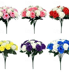 お買い得  -18 本のバラと小さな花が入った人工のバラの花束。家の装飾、お祭り、結婚式のブーケに最適な手持ちのフラワーアレンジメント。