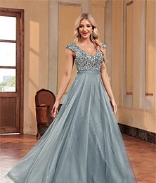 abordables -Ligne A Robes de Quinceanera Élégant Robe Formel Mariage Longueur au sol Sans manches Col en V Tulle Dos en V avec Paillettes 2025