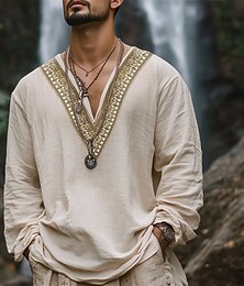 preiswerte -Herren Leinenhemd Sommerhemd Vintage-Shirt Ethno-Hemd Langarmshirt Patchwork Urlaub Straße Kaki Langarm V Ausschnitt Sommer Frühling Bekleidung Ethnisch & Religiös