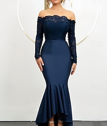 economico -Abiti da ospite di matrimonio sirena  tromba abito elegante da ospite di matrimonio impegno asimmetrico maniche lunghe spalle scoperte in pizzo con volant