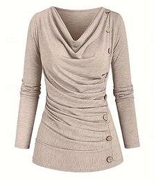 economico -Per donna Blusa Tinta unica Elegante Casual Manica Lunga Scollo a Cascata Top Regolari Quotidiano Arricciato Bottoni Nero Rosa Verde Albicocca Grigio Primavera Autunno