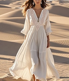 economico -Per donna Abito Midi Abito Bianco Abito Boho Abito occidentale Moda Moderno All'aperto Ferie Weekend Vestibilità regolare Semplice Manica Lunga Scollo a V Bianco Estate