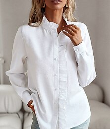 זול -WOMEN'S SHIRT BUTTON DOWN BLOUSE SOLID COLOR PLAIN STRIPED ELEGANT STYLISH BASIC LONG SLEEVE CREW NECK REGULAR TOPS DAILY RUFFLE BUTTONS WHITE PINK SKY BLUE GRAY SPRING FALL WINTER