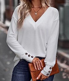 economico -Per donna Blusa Tinta unica Elegante Casual Manica Lunga Scollo a V Top Regolari Quotidiano Bottoni Nero Bianco Vino Verde militare Blu marino Primavera Autunno