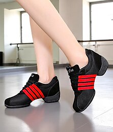 preiswerte -Schwarze Mesh-Tanz-Sneaker für Damen – leichte, atmungsaktive Jazz- und Hip-Hop-Übungsschuhe mit roten Streifen für Fitness und Performance