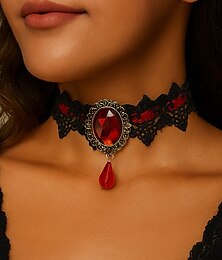 abordables -Gargantilla de encaje gótico para mujer con colgante de gema roja, joya vintage de terciopelo negro para fiestas de Halloween y cosplay.