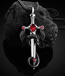 abordables -Collar con colgante de espada de dragón gótico para hombre con piedras preciosas rojas: estilo vintage, perfecto para fiestas de Halloween y eventos góticos.